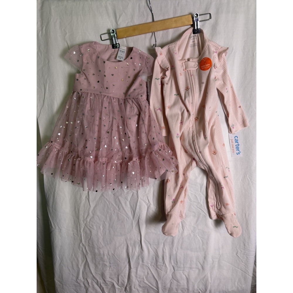 Baby Girls TwoPiece Bundle Carter's Pink Heart Dress Footed Sleeper Size 9 M NWT